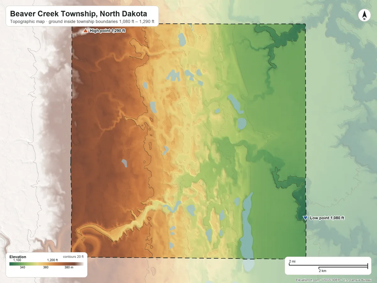 Topographic elevation map of Beaver Creek Township, North Dakota, shaded from 1,080 ft on the southeast side to 1,290 ft on the northwest side