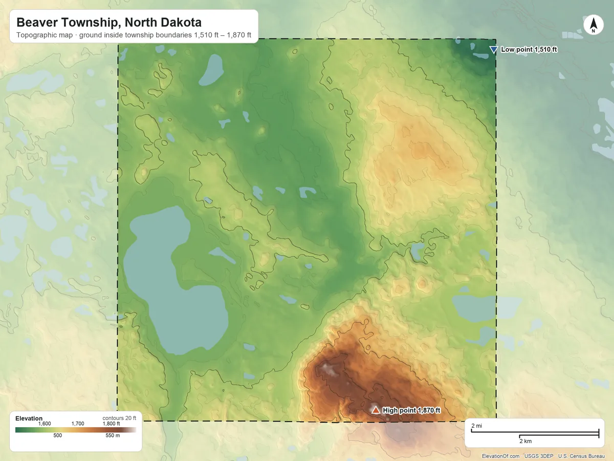 Topographic elevation map of Beaver Township, North Dakota, shaded from 1,510 ft on the northeast side to 1,870 ft on The Buttes
