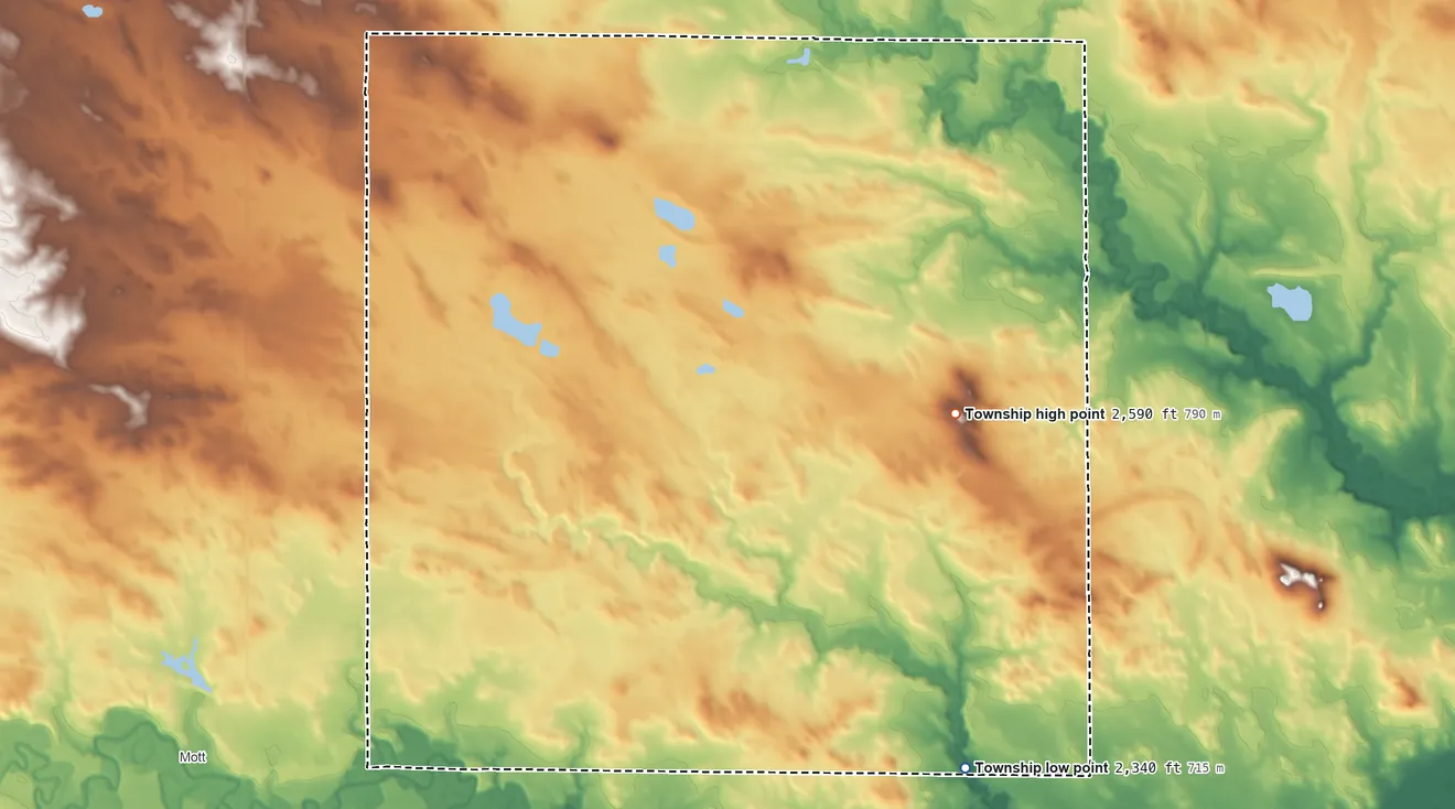 Topographic elevation map of Beery Township, North Dakota, shaded from 2,340 ft on the south side to 2,590 ft near the middle