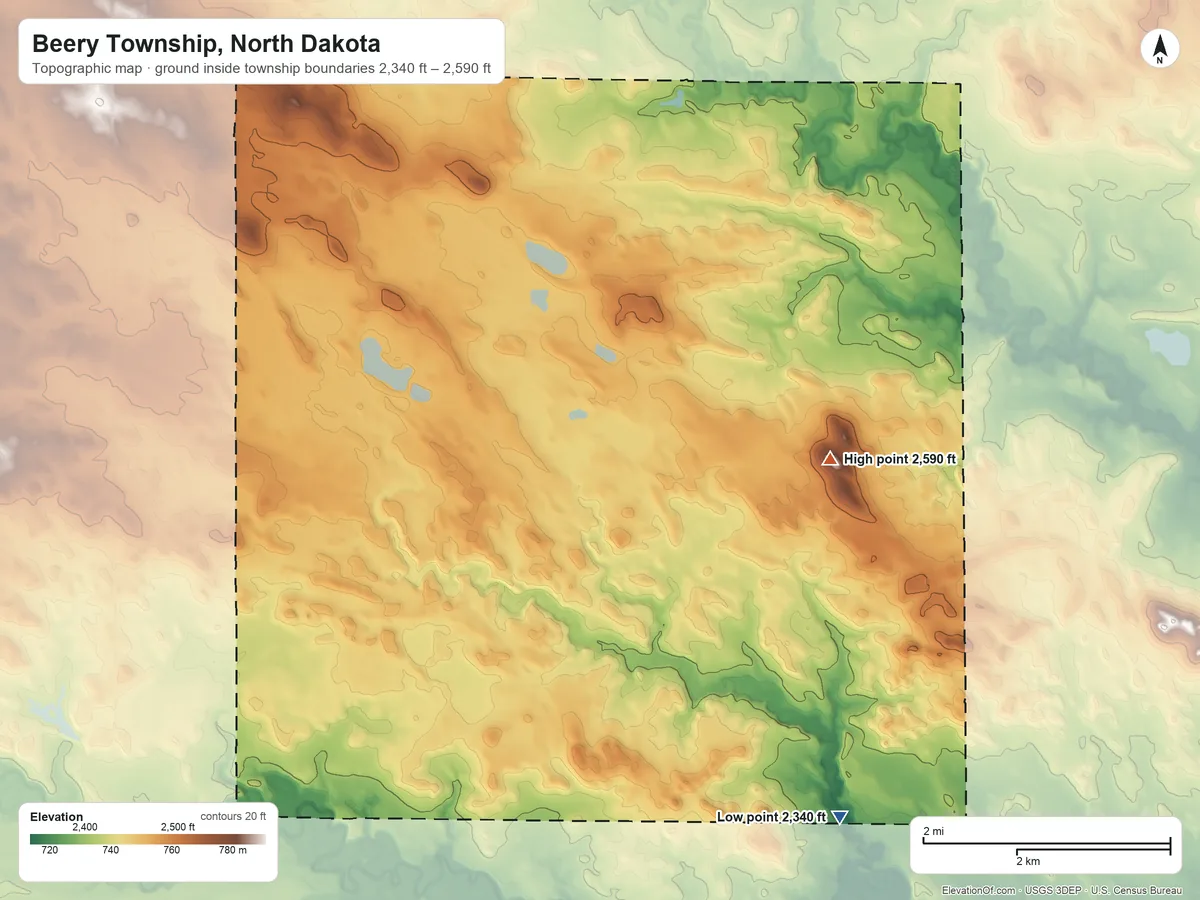 Topographic elevation map of Beery Township, North Dakota, shaded from 2,340 ft on the south side to 2,590 ft near the middle