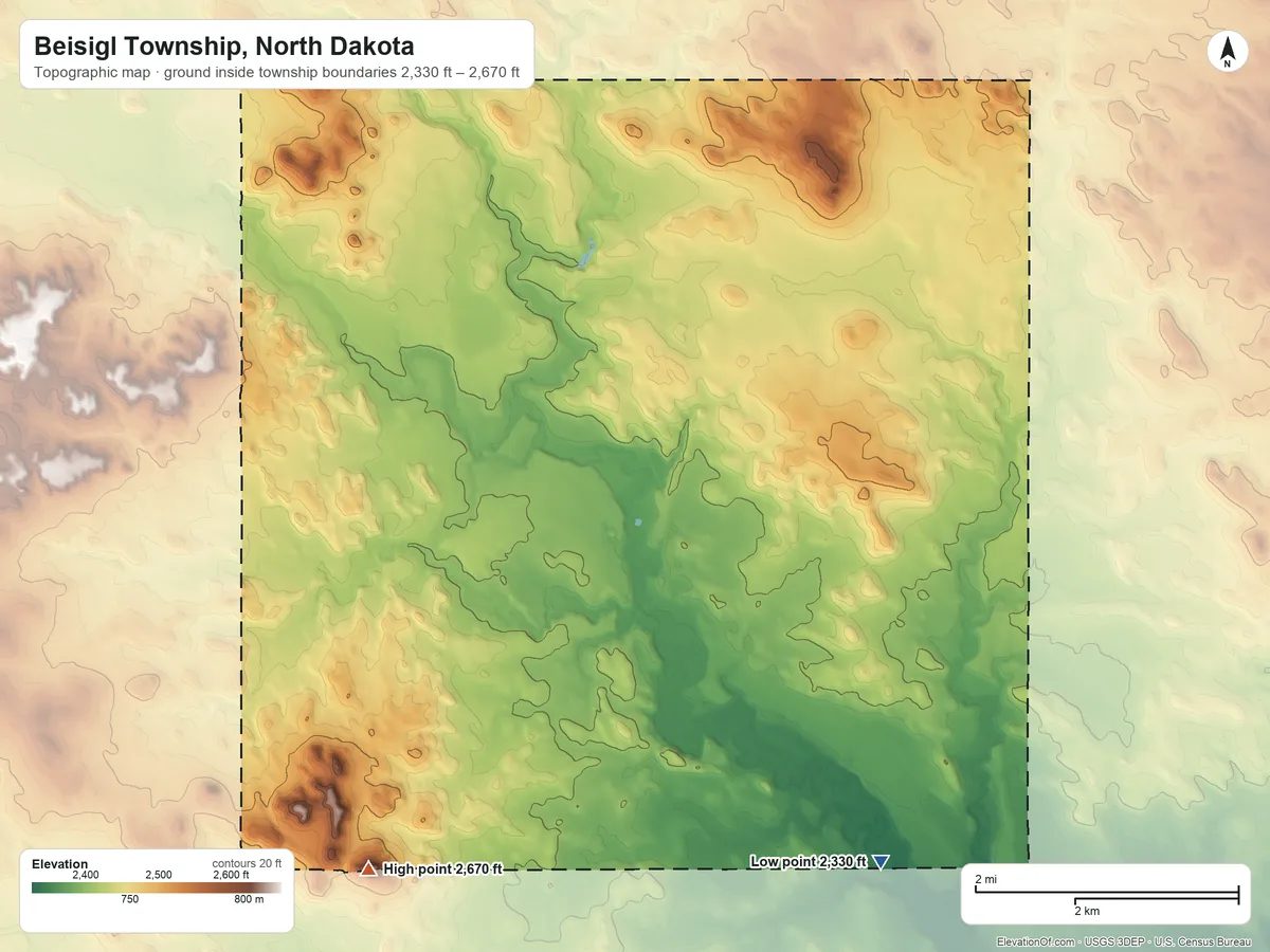Topographic elevation map of Beisigl Township, North Dakota, shaded from 2,330 ft on the south side to 2,670 ft on Nason Hill