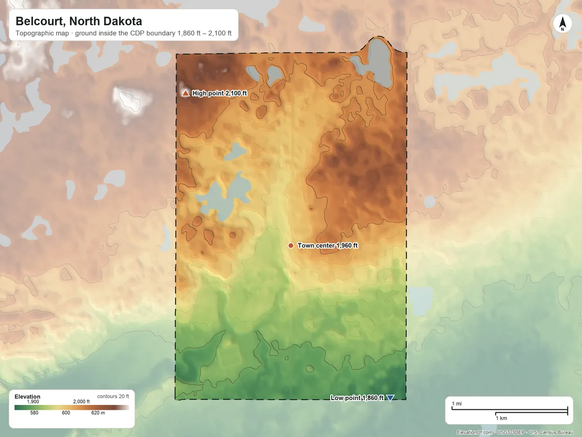 Topographic elevation map of Belcourt, North Dakota, shaded from 1,860 ft on the southeast side to 2,100 ft on the northwest side