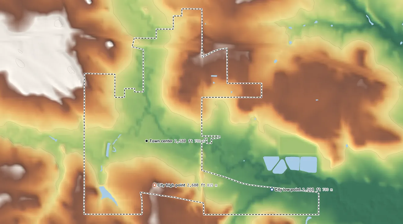 Topographic elevation map of Belfield, North Dakota, shaded from 2,560 ft on the east side to 2,680 ft on the south side