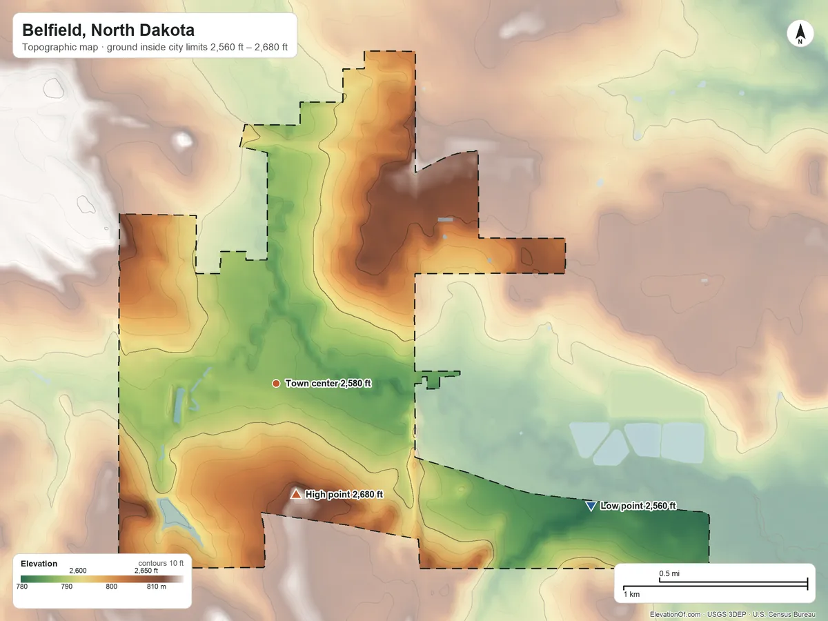 Topographic elevation map of Belfield, North Dakota, shaded from 2,560 ft on the east side to 2,680 ft on the south side