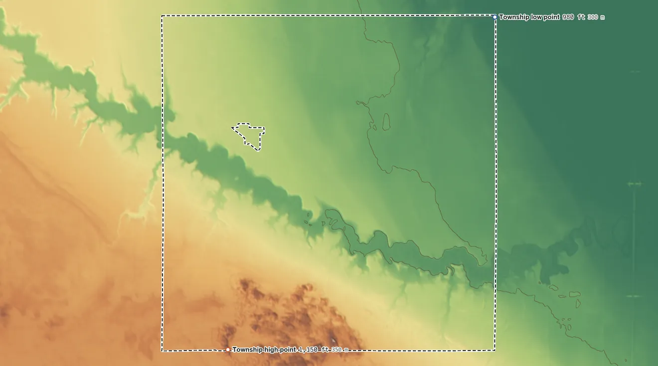 Topographic elevation map of Belford Township, North Dakota, shaded from 980 ft on the northeast side to 1,150 ft on the south side