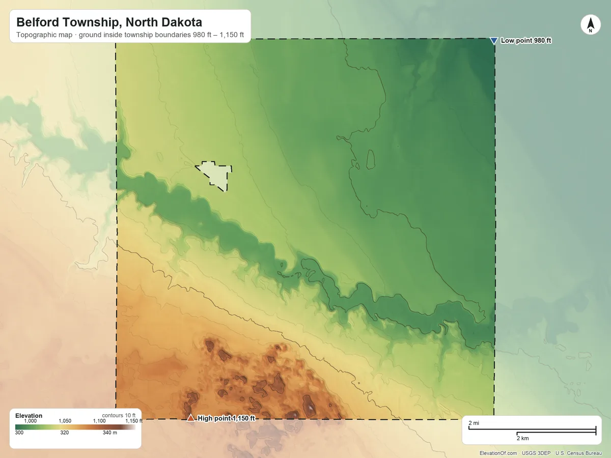 Topographic elevation map of Belford Township, North Dakota, shaded from 980 ft on the northeast side to 1,150 ft on the south side