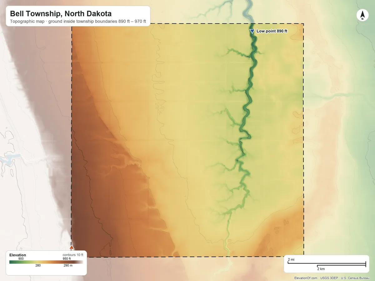 Topographic elevation map of Bell Township, North Dakota, shaded from 890 ft on the northeast side to 970 ft on the southwest side