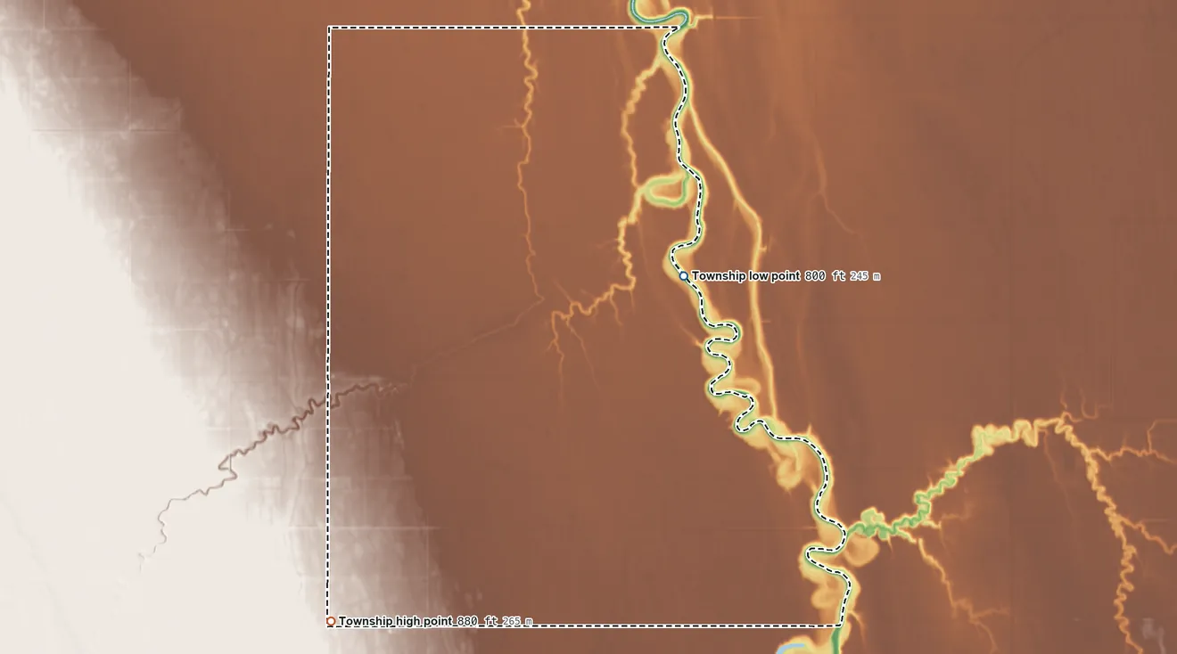 Topographic elevation map of Belmont Township, North Dakota, shaded from 800 ft on the east side to 880 ft on the southwest side