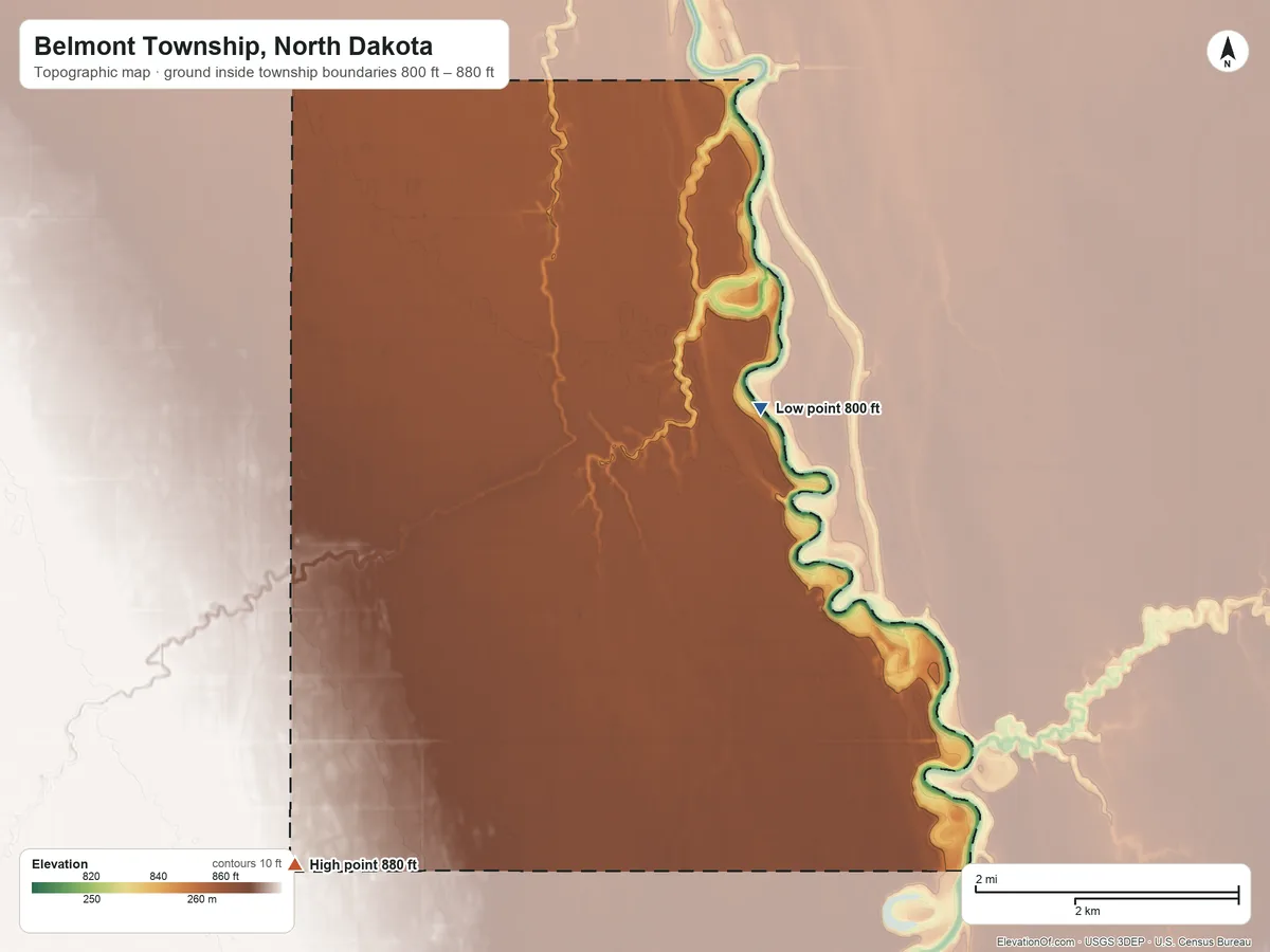 Topographic elevation map of Belmont Township, North Dakota, shaded from 800 ft on the east side to 880 ft on the southwest side