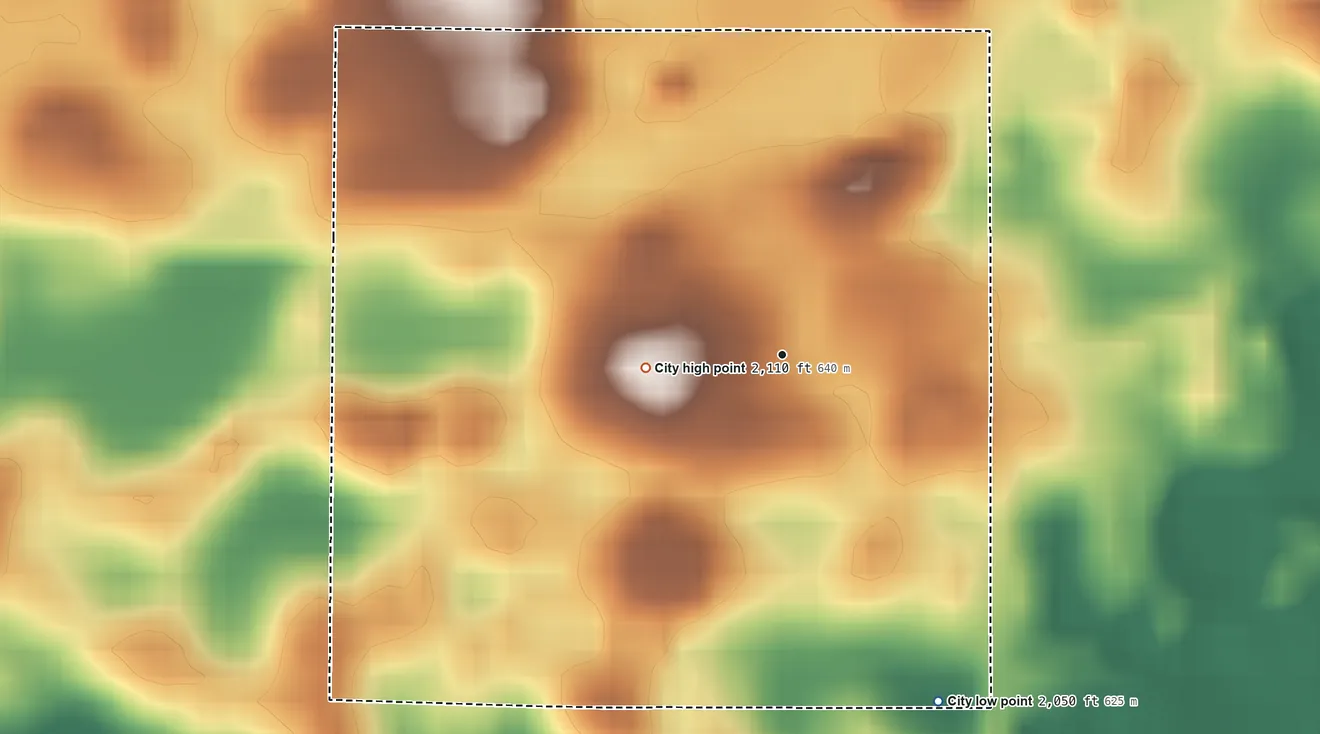 Topographic elevation map of Benedict, North Dakota, shaded from 2,050 ft on the southeast side to 2,110 ft on the west side