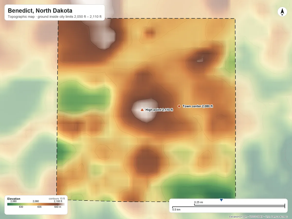 Topographic elevation map of Benedict, North Dakota, shaded from 2,050 ft on the southeast side to 2,110 ft on the west side