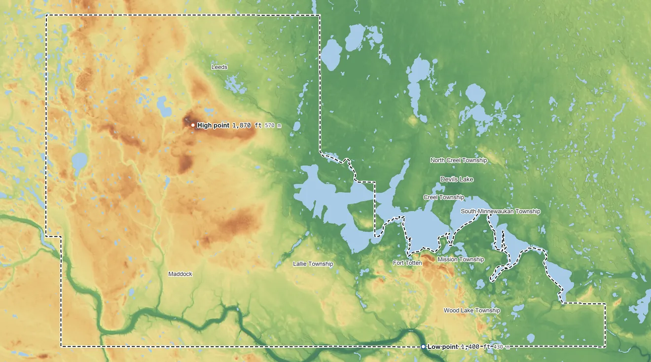 Topographic elevation map of Benson County, North Dakota, shaded from 1,400 ft on the southeast side to 1,870 ft on The Buttes