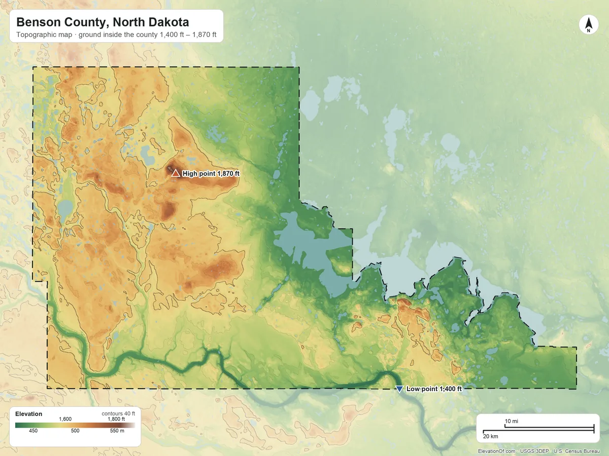 Topographic elevation map of Benson County, North Dakota, shaded from 1,400 ft on the southeast side to 1,870 ft on The Buttes