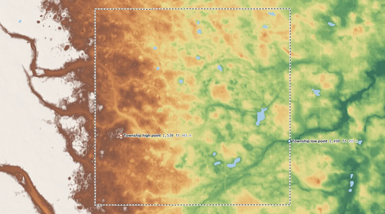 Topographic elevation map of Bentinck Township, North Dakota, shaded from 1,490 ft on the southeast side to 1,530 ft on the southwest side