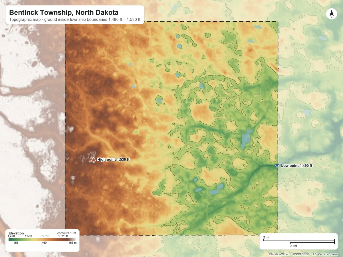 Topographic elevation map of Bentinck Township, North Dakota, shaded from 1,490 ft on the southeast side to 1,530 ft on the southwest side