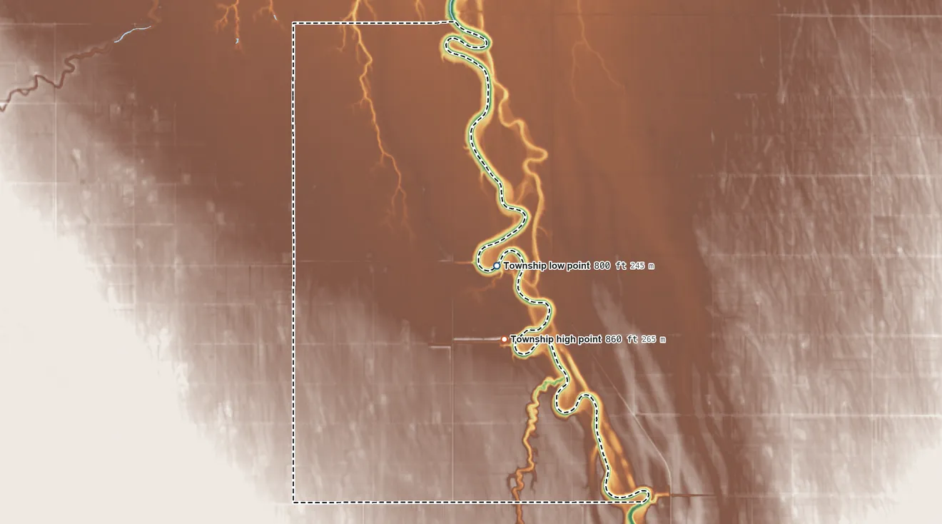 Topographic elevation map of Bentru Township, North Dakota, shaded from 800 ft on the southeast side to 860 ft on the southeast side