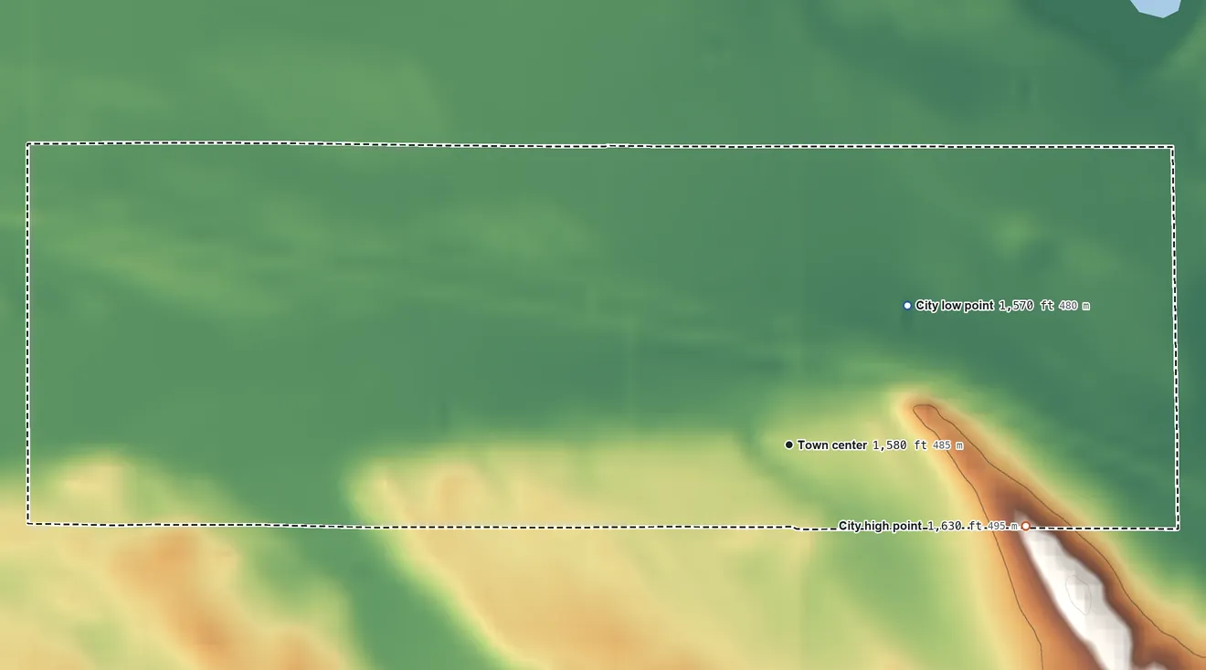 Topographic elevation map of Bergen, North Dakota, shaded from 1,570 ft on the northeast side to 1,630 ft on the east side