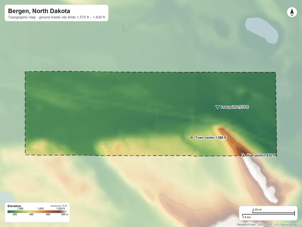 Topographic elevation map of Bergen, North Dakota, shaded from 1,570 ft on the northeast side to 1,630 ft on the east side