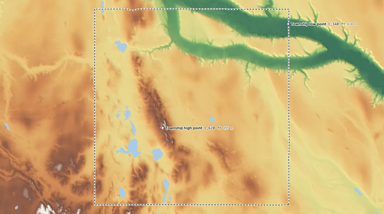 Topographic elevation map of Bergen Township, North Dakota, shaded from 1,340 ft on the east side to 1,620 ft on the southwest side