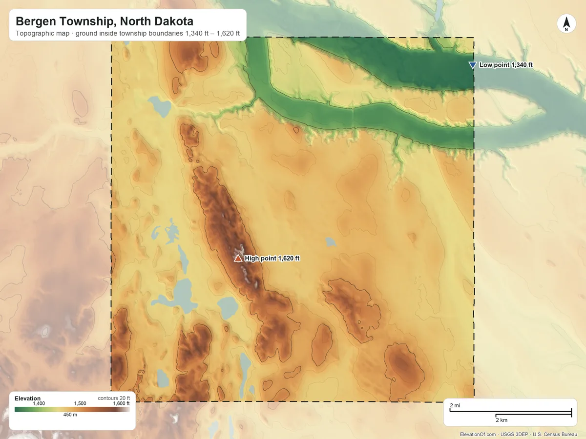 Topographic elevation map of Bergen Township, North Dakota, shaded from 1,340 ft on the east side to 1,620 ft on the southwest side