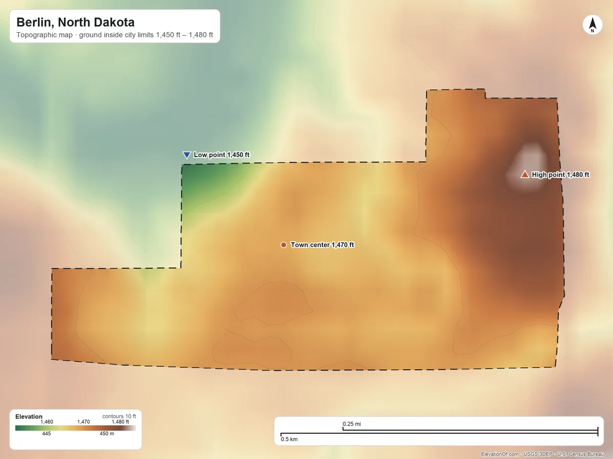Topographic elevation map of Berlin, North Dakota, shaded from 1,450 ft on the northwest side to 1,480 ft on the east side