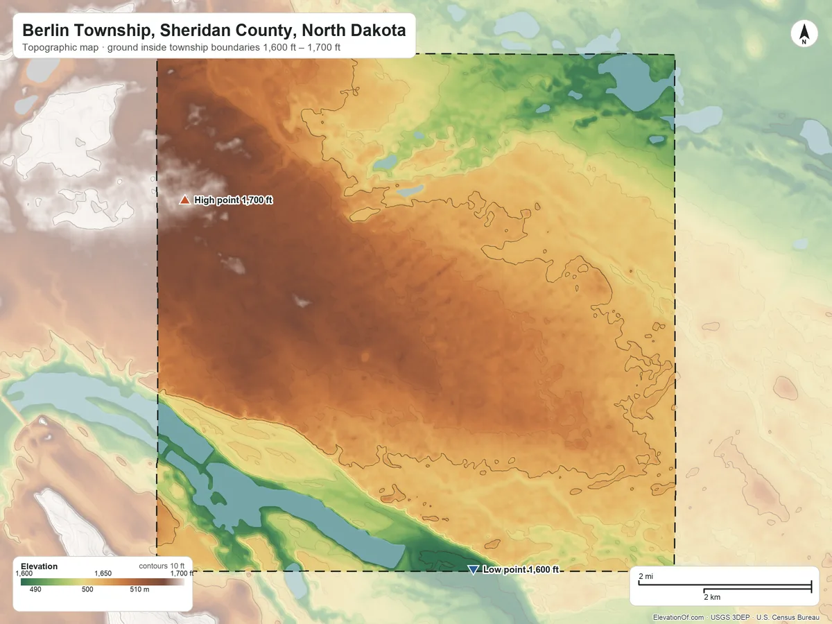 Topographic elevation map of Berlin Township, Sheridan County, North Dakota, shaded from 1,600 ft on the south side to 1,700 ft on the northwest side