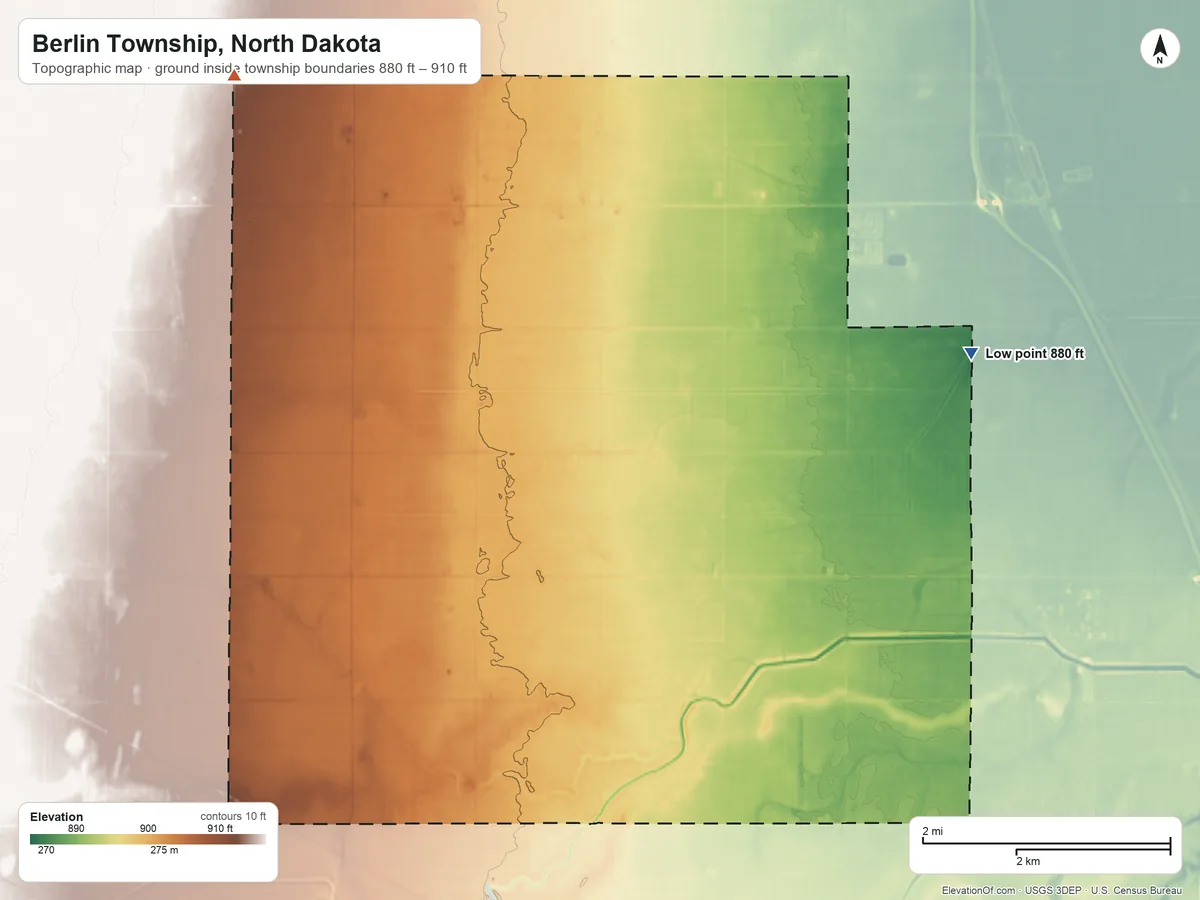Topographic elevation map of Berlin Township, North Dakota, shaded from 880 ft on the east side to 910 ft on the northwest side
