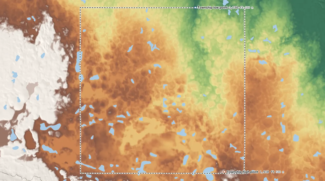 Topographic elevation map of Berlin Township, Wells County, North Dakota, shaded from 1,780 ft on the northeast side to 1,910 ft on the southeast side