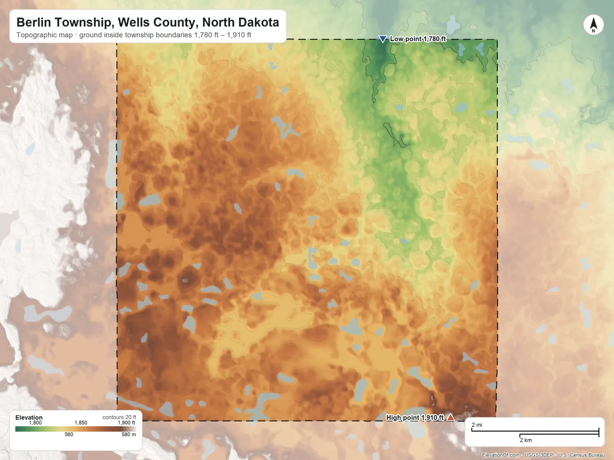 Topographic elevation map of Berlin Township, Wells County, North Dakota, shaded from 1,780 ft on the northeast side to 1,910 ft on the southeast side