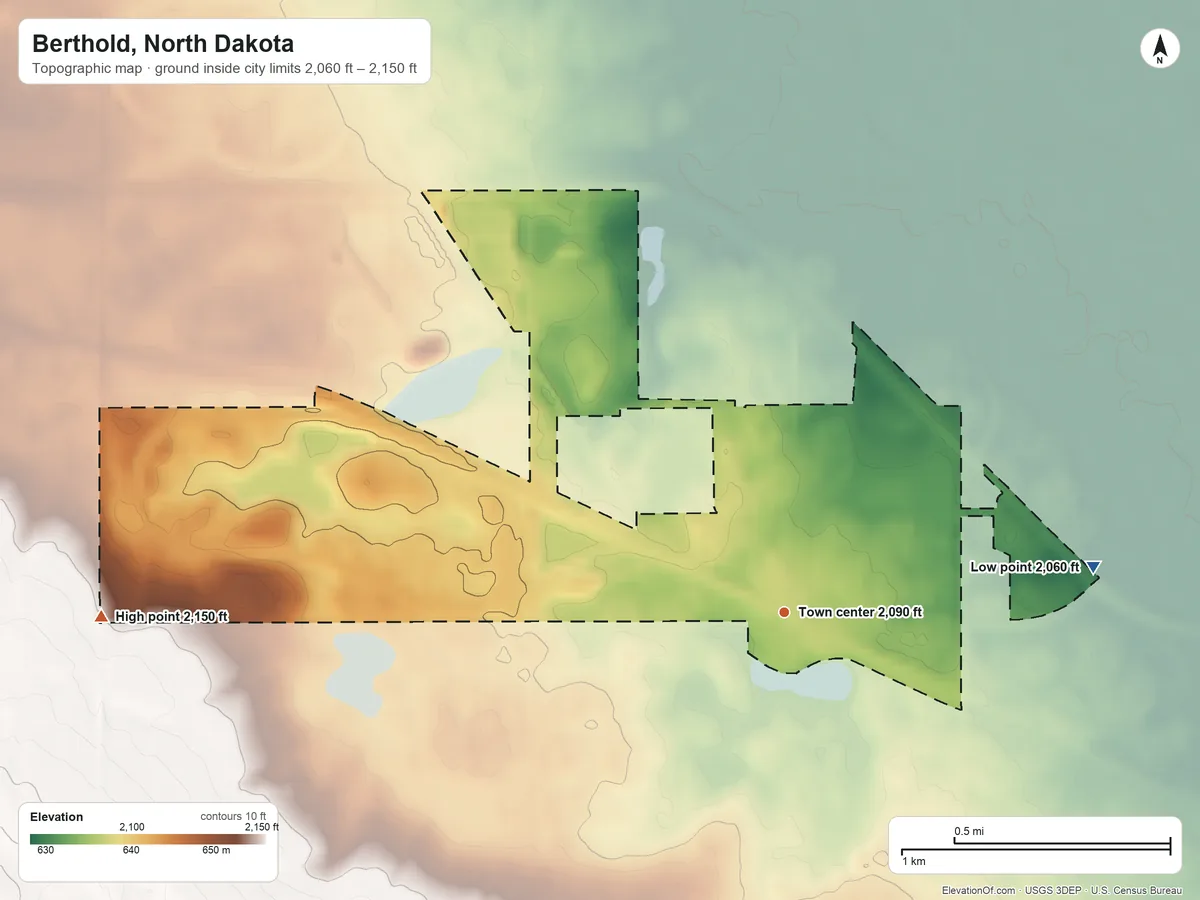Topographic elevation map of Berthold, North Dakota, shaded from 2,060 ft on the east side to 2,150 ft on the west side
