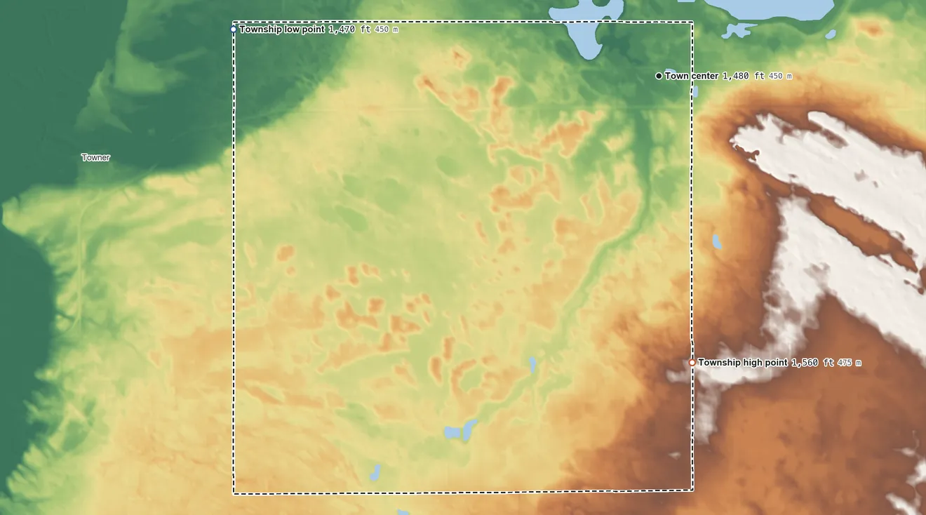Topographic elevation map of Berwick Township, North Dakota, shaded from 1,470 ft on the west side to 1,560 ft on the south side