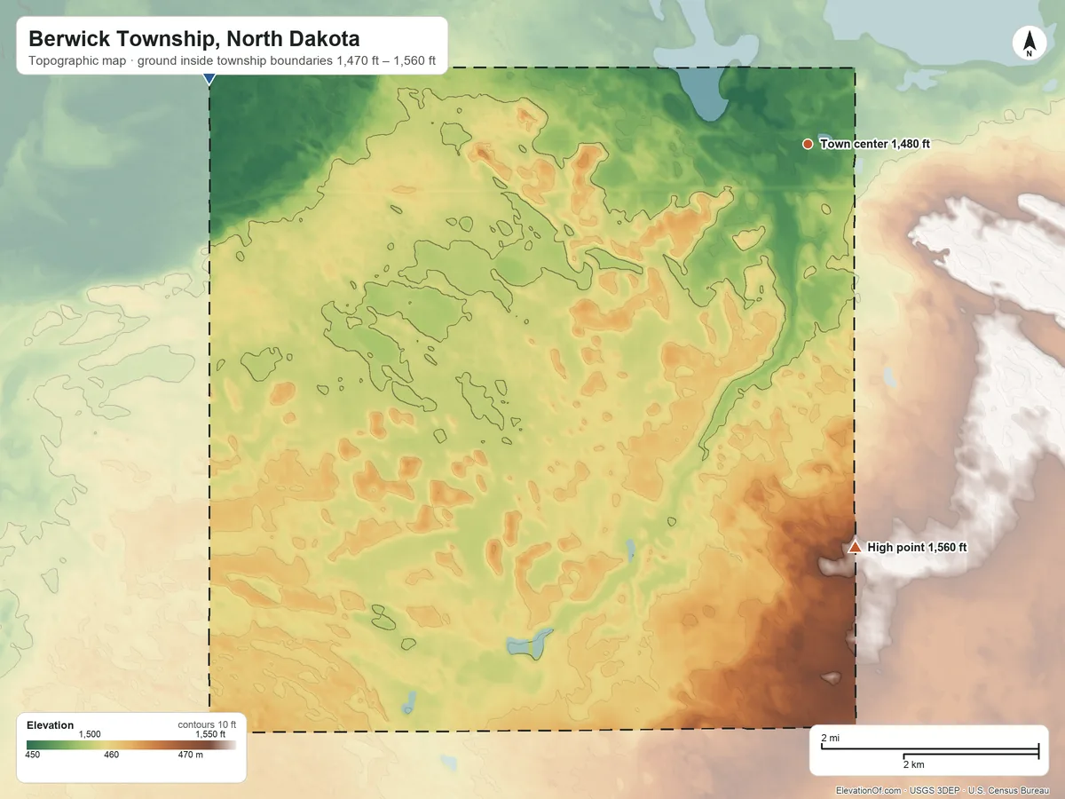 Topographic elevation map of Berwick Township, North Dakota, shaded from 1,470 ft on the west side to 1,560 ft on the south side