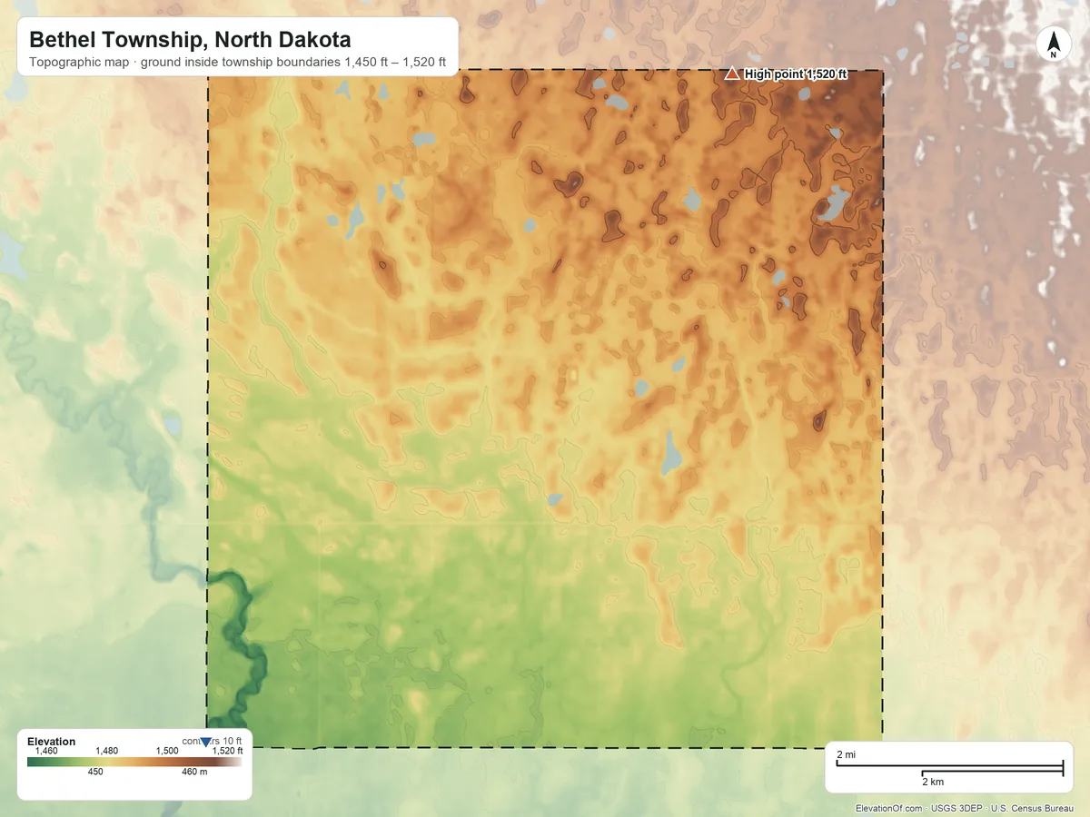 Topographic elevation map of Bethel Township, North Dakota, shaded from 1,450 ft on the southwest side to 1,520 ft on the north side