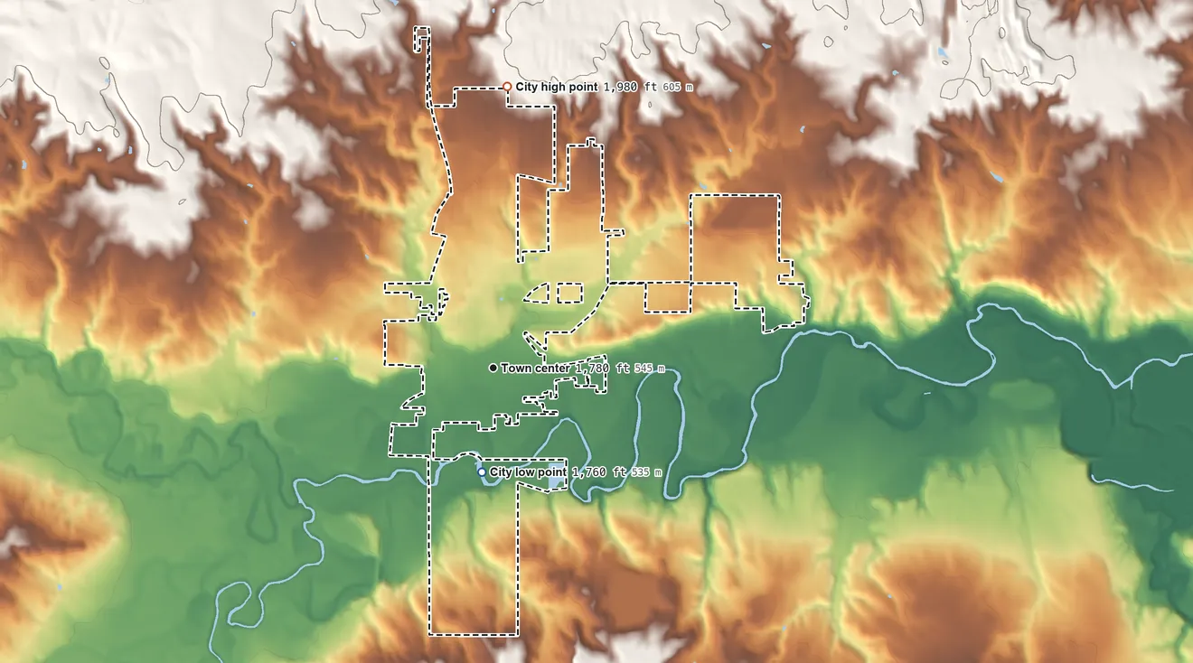 Topographic elevation map of Beulah, North Dakota, shaded from 1,760 ft on the south side to 1,980 ft on the north side