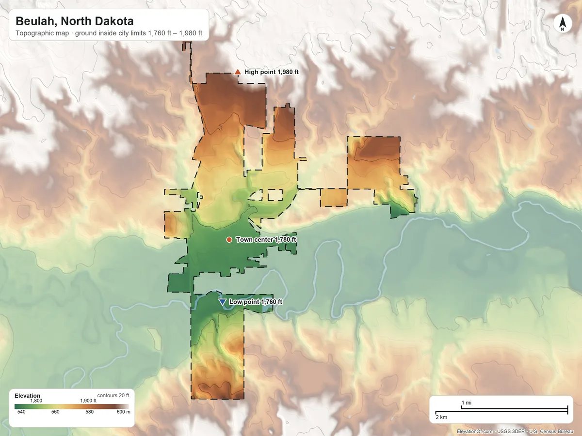Topographic elevation map of Beulah, North Dakota, shaded from 1,760 ft on the south side to 1,980 ft on the north side