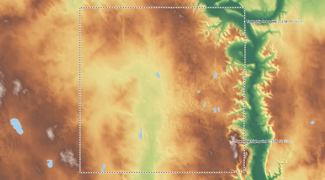 Topographic elevation map of Bicker Township, North Dakota, shaded from 2,170 ft on the northeast side to 2,530 ft on the east side