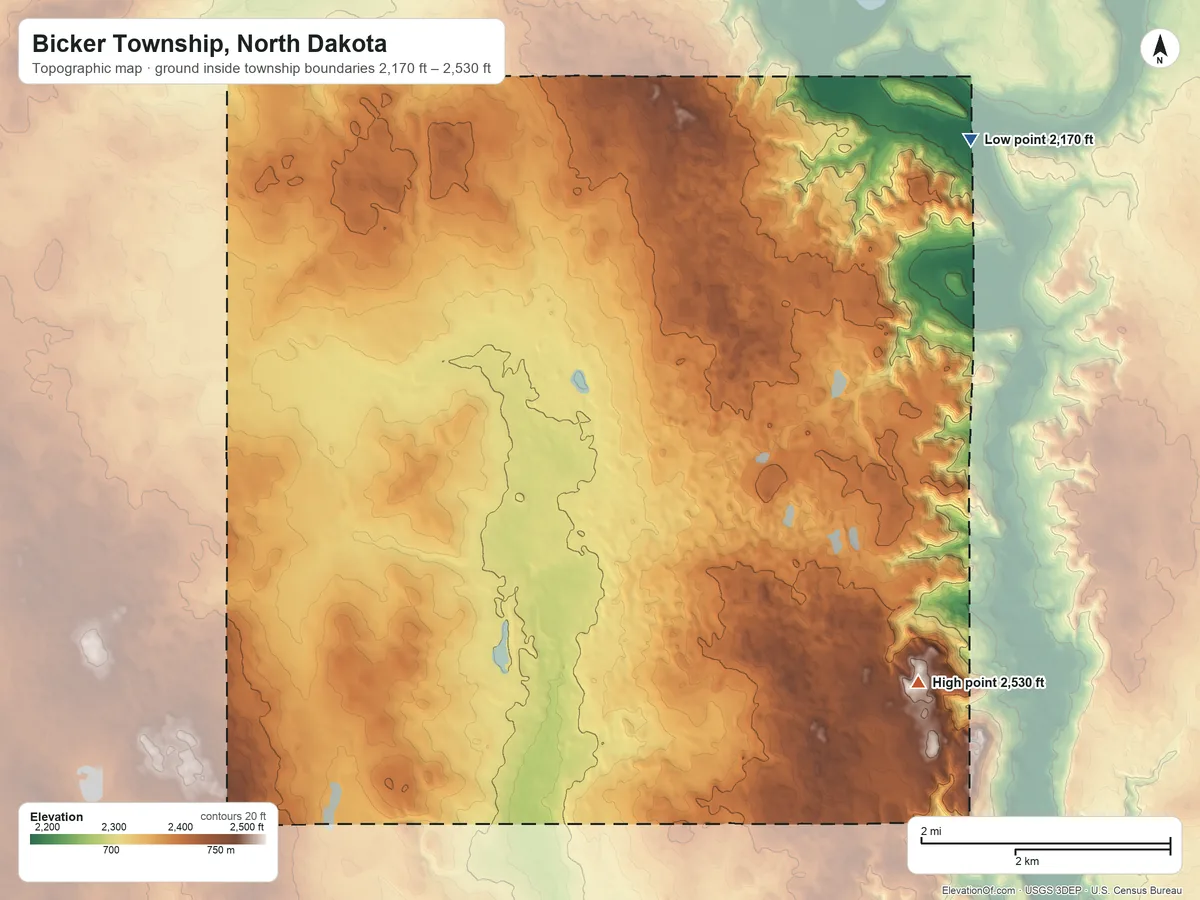 Topographic elevation map of Bicker Township, North Dakota, shaded from 2,170 ft on the northeast side to 2,530 ft on the east side