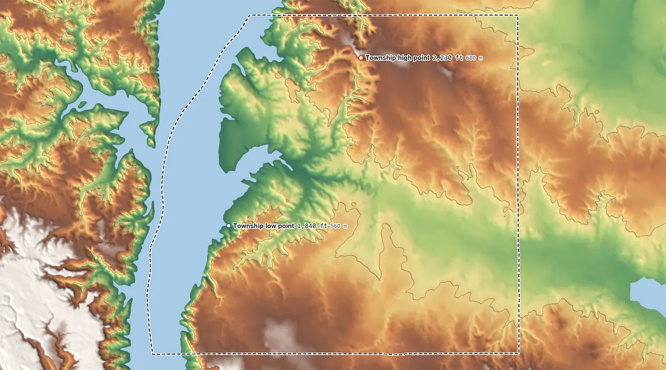 Topographic elevation map of Big Bend Township, Mountrail County, North Dakota, shaded from 1,840 ft on the southwest side to 2,230 ft near the middle