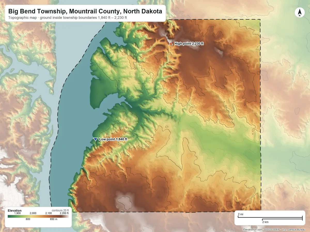 Topographic elevation map of Big Bend Township, Mountrail County, North Dakota, shaded from 1,840 ft on the southwest side to 2,230 ft near the middle