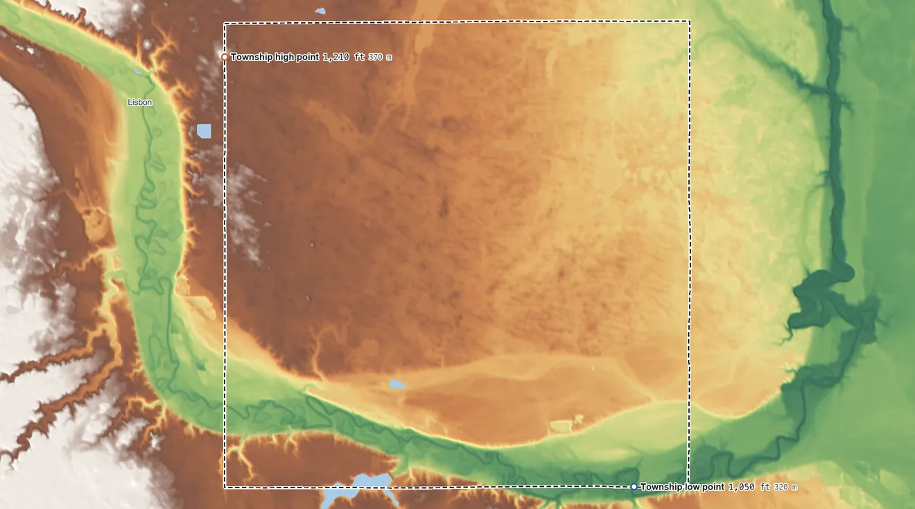 Topographic elevation map of Big Bend Township, North Dakota, shaded from 1,050 ft on the southeast side to 1,210 ft on the northwest side