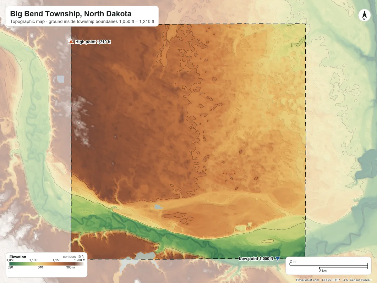 Topographic elevation map of Big Bend Township, North Dakota, shaded from 1,050 ft on the southeast side to 1,210 ft on the northwest side