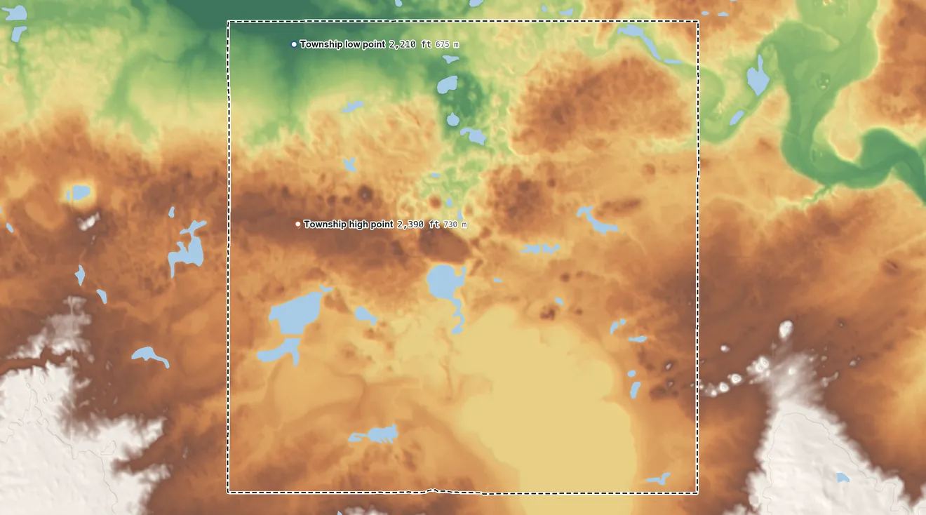 Topographic elevation map of Big Meadow Township, North Dakota, shaded from 2,210 ft on the west side to 2,390 ft on the southwest side