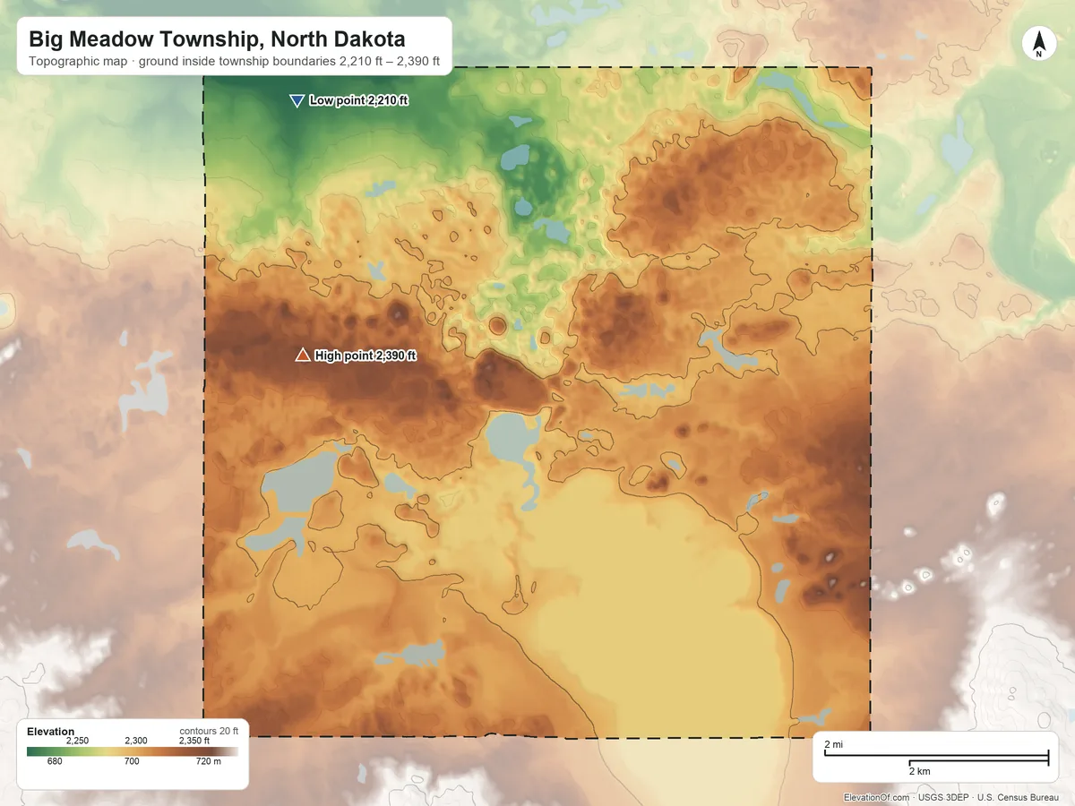 Topographic elevation map of Big Meadow Township, North Dakota, shaded from 2,210 ft on the west side to 2,390 ft on the southwest side