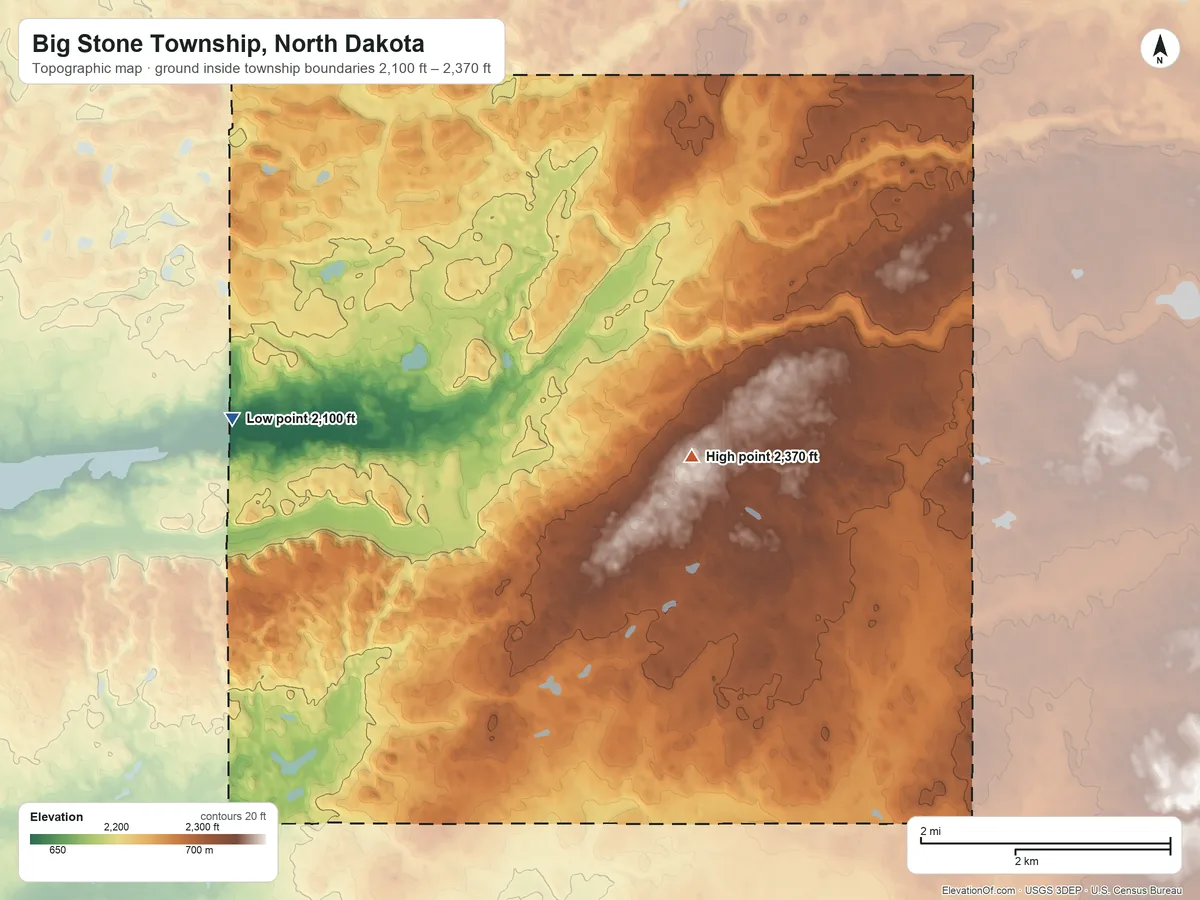 Topographic elevation map of Big Stone Township, North Dakota, shaded from 2,100 ft on the west side to 2,370 ft on the southwest side