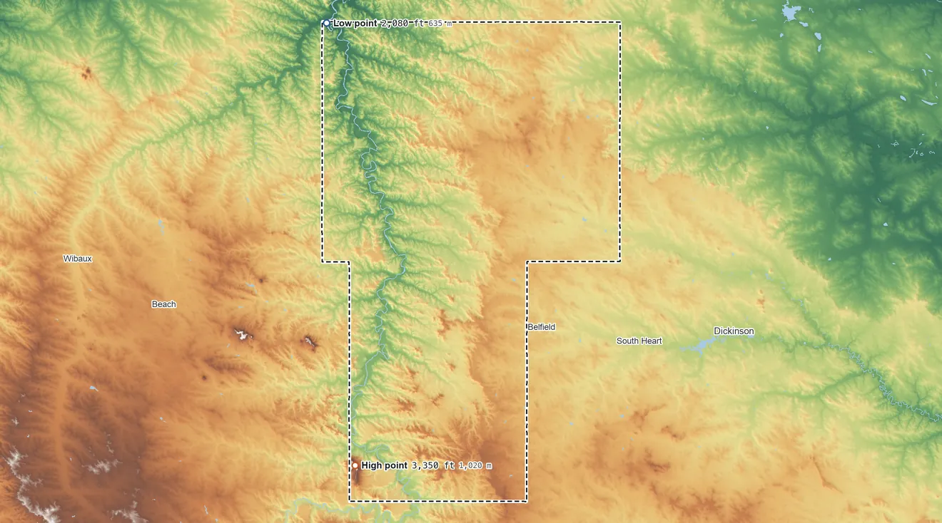 Topographic elevation map of Billings County, North Dakota, shaded from 2,080 ft on the northwest side to 3,350 ft on Bullion Butte