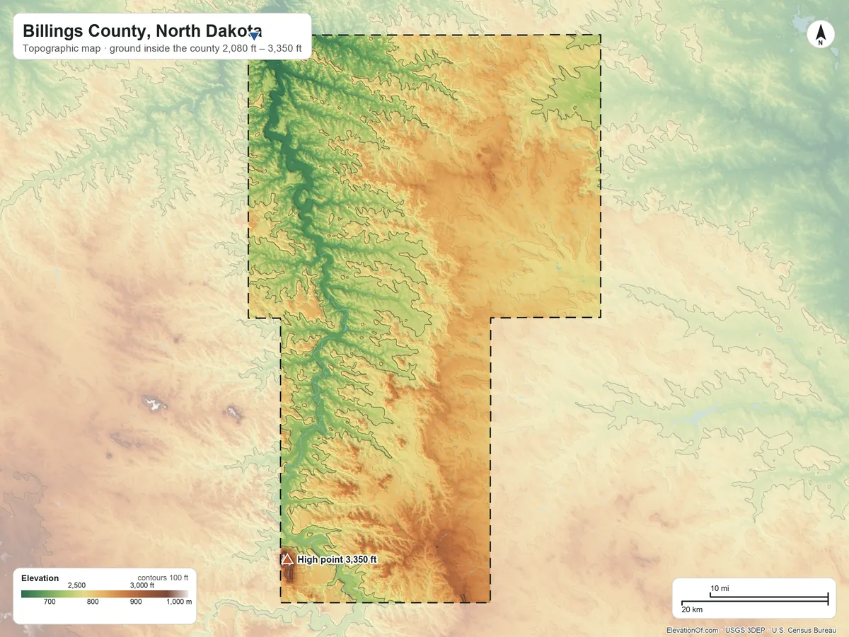 Topographic elevation map of Billings County, North Dakota, shaded from 2,080 ft on the northwest side to 3,350 ft on Bullion Butte