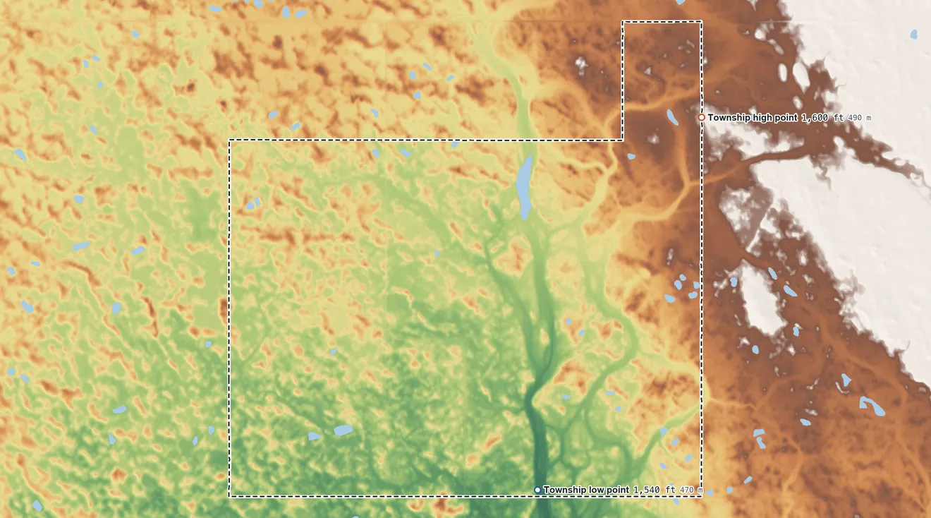 Topographic elevation map of Billings Township, North Dakota, shaded from 1,540 ft on the southeast side to 1,600 ft on the northeast side