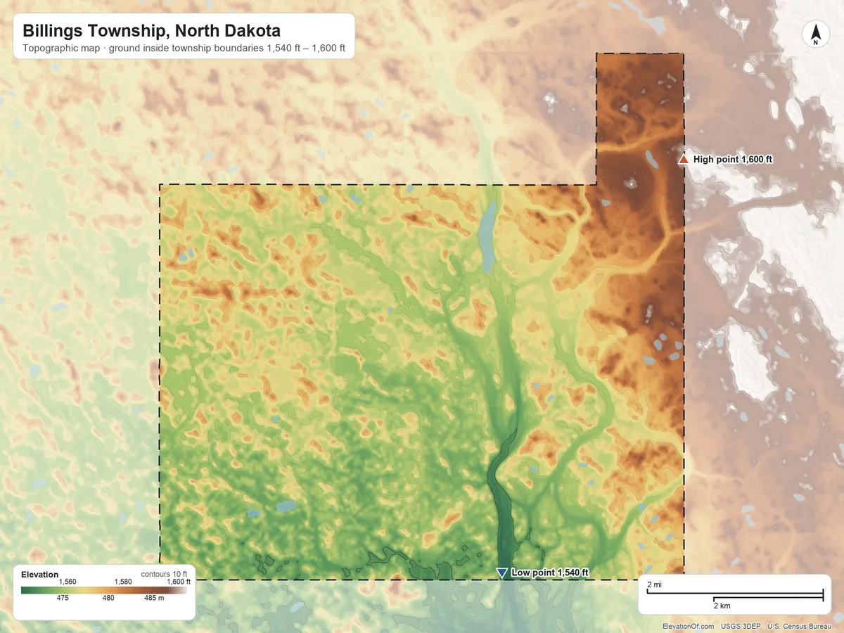Topographic elevation map of Billings Township, North Dakota, shaded from 1,540 ft on the southeast side to 1,600 ft on the northeast side