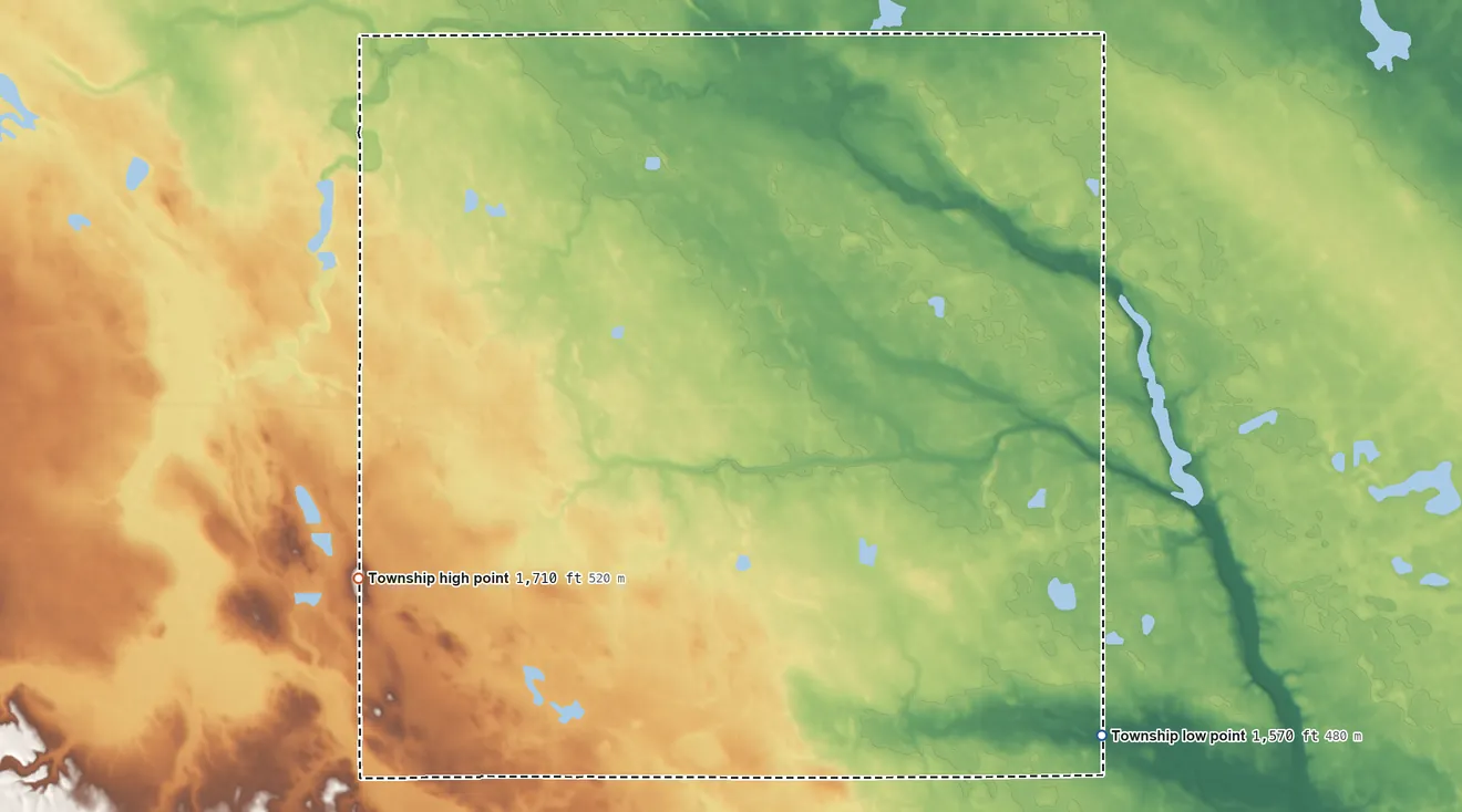 Topographic elevation map of Bilodeau Township, North Dakota, shaded from 1,570 ft on the southeast side to 1,710 ft on the west side