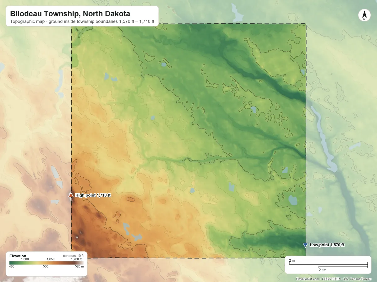 Topographic elevation map of Bilodeau Township, North Dakota, shaded from 1,570 ft on the southeast side to 1,710 ft on the west side
